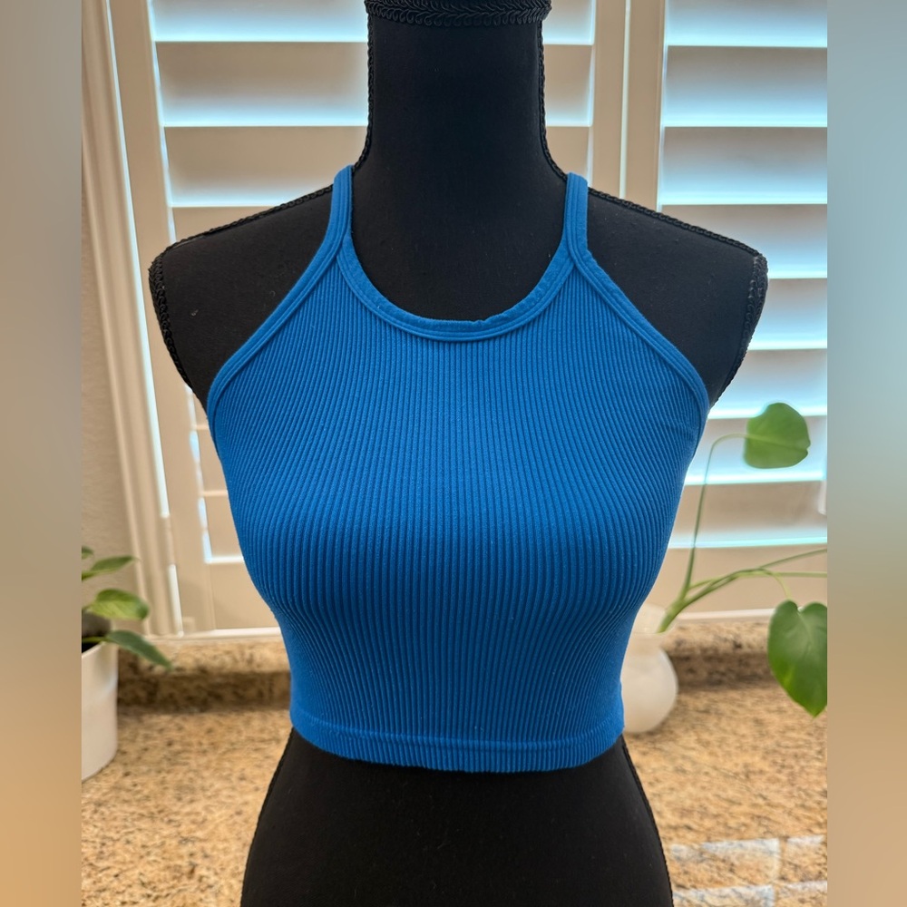 Free People High Neck Ribbed Crop Top - Blue (Size M/L)